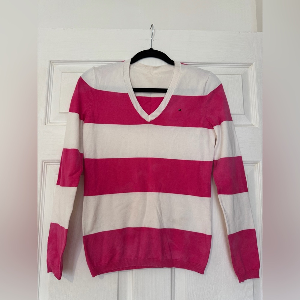 Tommy Pink and White Striped V-Neck Sweater